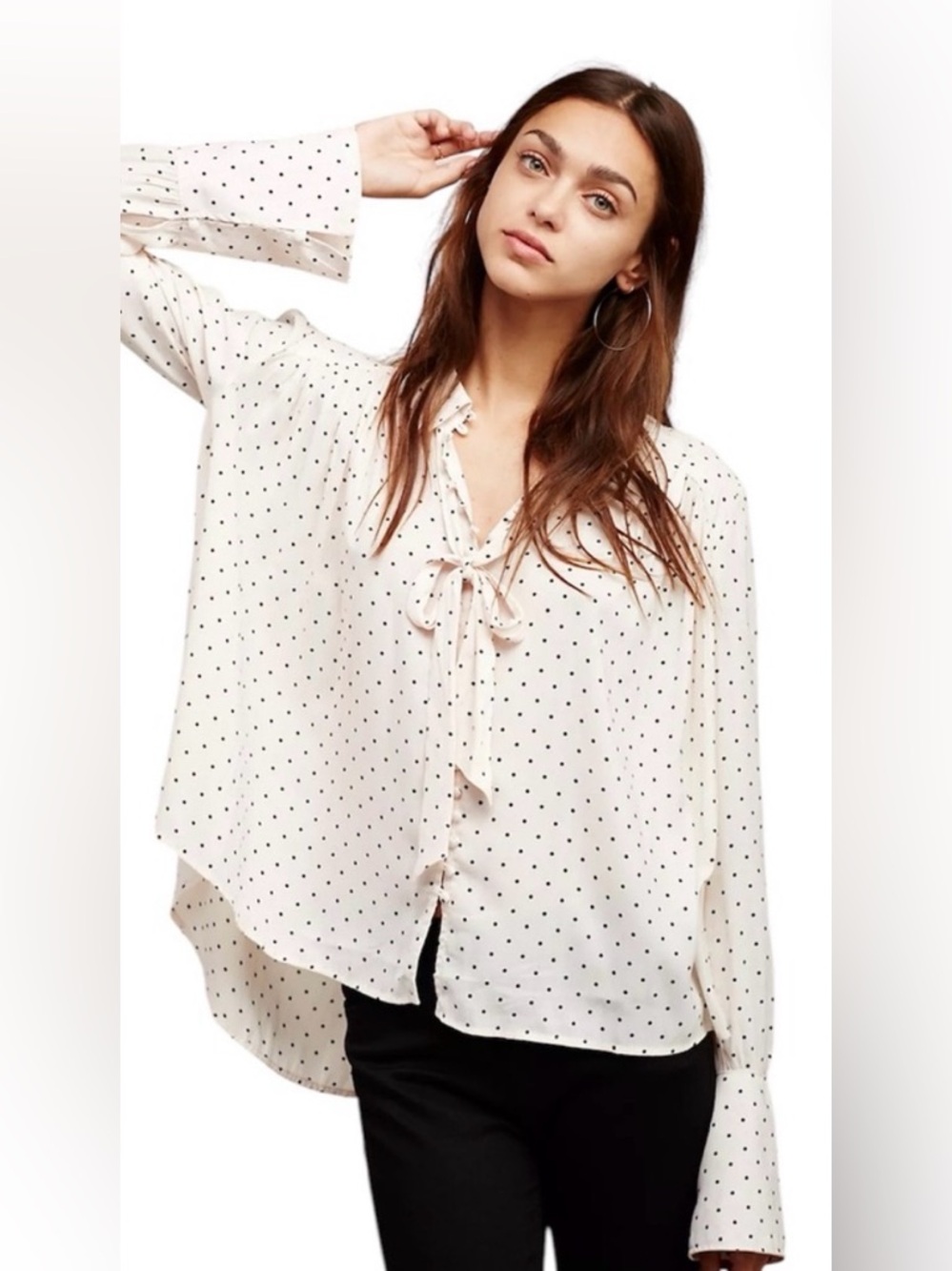 Free People Kennedy Cream Polka Dot Tie-Front Blouse